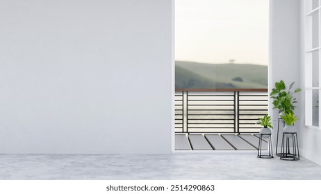 The interior design of a modern white empty unfurnished room features an empty white wall, houseplants, a window with balcony view, and a grey floor. 3d render, 3d illustration