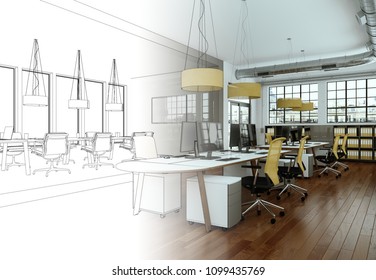 Interior Design Office Drawing Gradation Into Photograph 3D Illustration