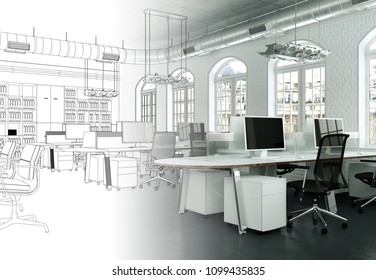 Interior Design Office Drawing Gradation Into Photograph 3D Illustration