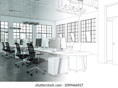 Interior Design Office Drawing Gradation Into Photograph 3D Illustration