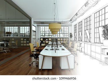 Interior Design Office Drawing Gradation Into Photograph 3D Illustration