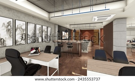 Interior design of office space with false ceiling and wood panels 3d visualization