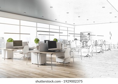 Interior Design Project With Blueprint Of Spacious Eco Style Coworking Office With City View And Light Furniture. 3D Rendering