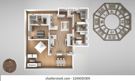 Interior Design Project With Feng Shui Consultancy, Home Apartment Flat Plan, Top View With Bagua And Tao Symbol, Yin And Yang Polarity, Monogram Concept Background, 3d Illustration