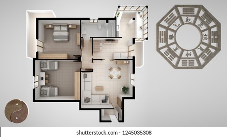 Interior design project with feng shui consultancy, home apartment flat plan, top view with bagua and tao symbol, yin and yang polarity, monogram concept background, 3d illustration