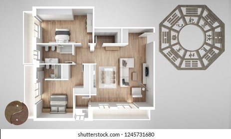 Interior Design Project With Feng Shui Consultancy, Home Apartment Flat Plan, Top View With Bagua And Tao Symbol, Yin And Yang Polarity, Monogram Concept Background, 3d Illustration