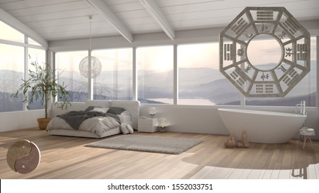 Interior Design Project With Feng Shui Consultancy, Bedroom With Bed And Bathtuab, With Bagua And Tao Symbol, Yin And Yang Polarity, Monogram Concept Background, 3d Illustration