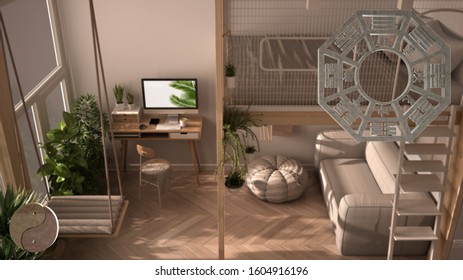 Interior Design Project With Feng Shui Consultancy, Studio Apartment With Bunk Loft Bed, Top View With Bagua And Tao Symbol, Yin And Yang Polarity, Monogram Concept Background, 3d Illustration