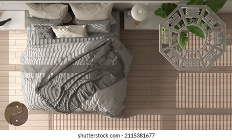 Interior design project with feng shui consultancy, bedroom plan, top view with tao symbol, yin and yang polarity, monogram concept background, top view, plan, above, 3d illustration