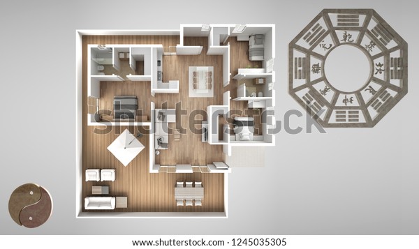 Interior\
design project with feng shui consultancy, home apartment flat\
plan, top view with bagua and tao symbol, yin and yang polarity,\
monogram concept background, 3d\
illustration