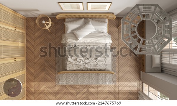 Interior\
design project with feng shui consultancy, wooden relaxing rattan\
bedroom plan, top view with tao symbol, yin and yang polarity,\
monogram concept background, 3d\
illustration