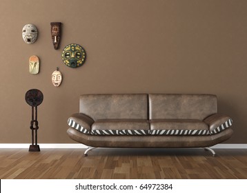 Interior Design Scene Of Brown Wall With Couch And Tribal Masks Copy Space On Top