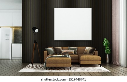 The Interior Design Space Of Modern Living Room And Pantry Area And Black Texture Wall Background And Picture Frame / 3D Rendering New Scene