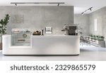 Interior design of a stylish modern cafe bistro, front view white stone counter with empty grunge texture cement wall, wall bench seated with green cushion inside. Marble floor, Backdrop,Background 3D