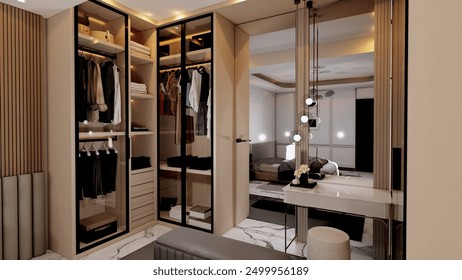 The interior design of the walk-in closet includes a luxurious dressing table