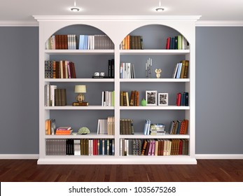 Interior design of white book shelves with various decor and books. 3d illustration