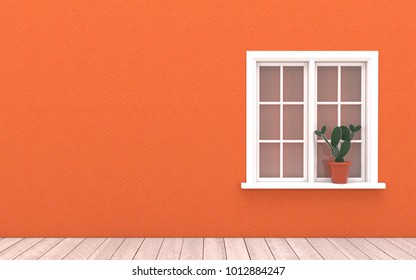 
Interior Design With White Classic Window,cactus  Pot And Wooden Floor On Orange Wall Background. Image Mock Up For Advertising ,wallpaper And Backdrop In 3d Rendering,3d Illustration.