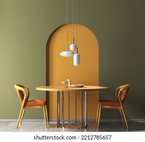 Interior Design With Wooden Round Table And Chairs. Modern Dining Room With Green And Orange Wall. Cafe, Bar Or Restaurant Interior Design. Home Interior With Pendant Light. 3d Rendering