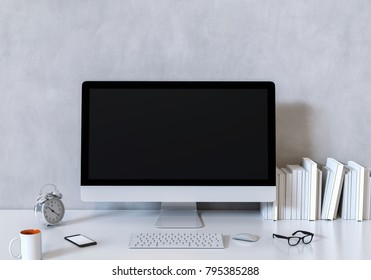 interior design for working area with Desktop computer screen on white top desk,working space,working background ,interior of working room , concrete background.3d rendering
