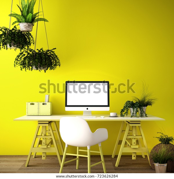白いトップデスクにデストップコンピュータスクリーンを使用した作業領域用の内部デザイン 作業スペース 作業背景 作業室の内部 黄色の背景 3dイラスト 3dレンダリング のイラスト素材