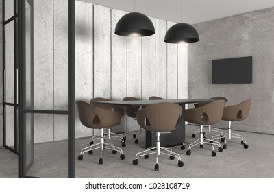 Interior Design Of Workplace,meeting Room Or Office Lobby With Conference Table,chairs,glass Partition,flat Screen Tv And Ceiling Lamps On White Wooden Wall Background In 3D Rendering,3D Illustration.