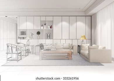 Interior Designer Doing CAD Room Planning For A Modern Living Room (3D Rendering)