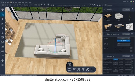 Interior Designer Using Advanced 3D Modeling Software on a Computer to Create a Modern Living Room Space Layout. Specialist Creating a Stylish Environment with Creativity and Precision