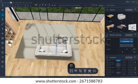 Interior Designer Using Advanced 3D Modeling Software on a Computer to Create a Modern Living Room Space Layout. Specialist Creating a Stylish Environment with Creativity and Precision