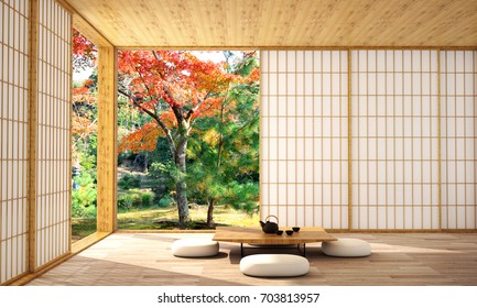interior design,modern living room with table,wood floor,was designed specifically for who love in japanese style,3d illustration,3d rendering