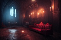 Interior Of Dracula Castle, Victorian Living Room With Table, Sofa And Lounge Chairs By Candlesticks. Halloween Gothic Atmosphere Inside Of Ancient Vampire Castle For Games Background. 3D Illustration