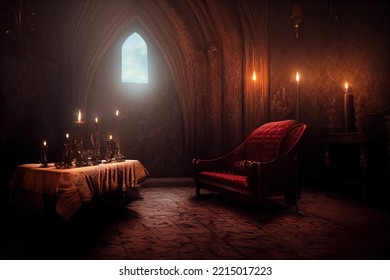 Interior Of Dracula Castle, Victorian Living Room With Table, Sofa And Lounge Chairs By Candlesticks. Halloween Gothic Atmosphere Inside Of Ancient Vampire Castle For Games Background. 3D Illustration