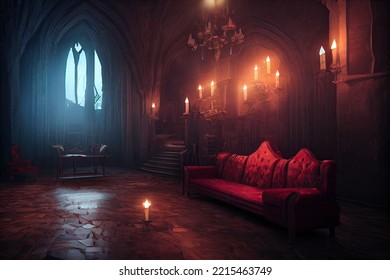 Interior del castillo de Drácula, sala de estar victoriana con mesa, sofá y tumbonas con candelabros. Atmósfera gótica de Halloween dentro del antiguo castillo de vampiros para los antecedentes de los juegos. ilustración 3D