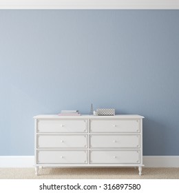 Interior With Dresser Near Empty Blue Wall. 3d Render.