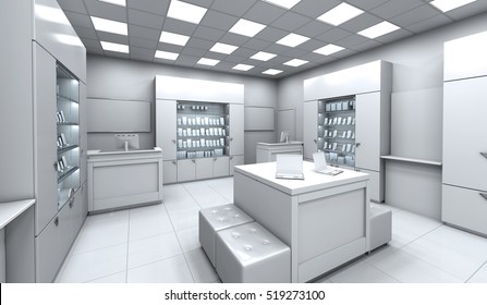 Interior Electronics Store With A Demonstration Wardrobes. 3d Image.