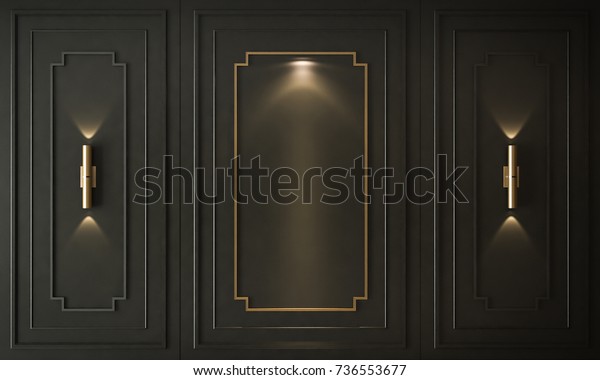 Interior of empty with black panels on wall, classic room, 3D render 3D illustration