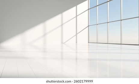 Interior of empty business premises. Spacious building with panoramic glazing. Empty office with light walls. Sun shines on business in high-ceilinged room. Office with glass wall. 3d image