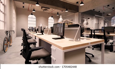 Interior Empty Modern Loft Office Open Space Modern Office Footage.Modern Open Concept Lobby And Reception Area Meeting Room Design.3d Rendering .