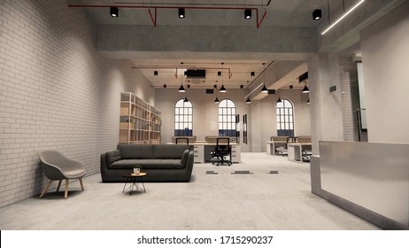 Interior Empty Modern Loft Office Open Space Modern Office Footage.Modern Open Concept Lobby And Reception Area Meeting Room Design.3d Rendering .