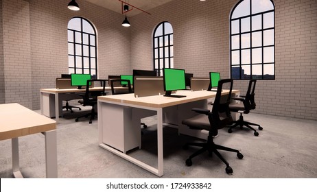 Interior Empty Modern Loft Office Open Space Modern Office Footage.Modern Open Concept Lobby And Reception Area Meeting Room Design.3d Rendering .