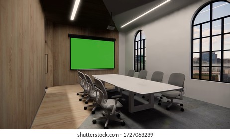 Interior Empty Modern Loft Office Open Space Modern Office Footage.Modern Open Concept Lobby And Reception Area Meeting Room Design.3d Rendering .green Screen On The Wall.