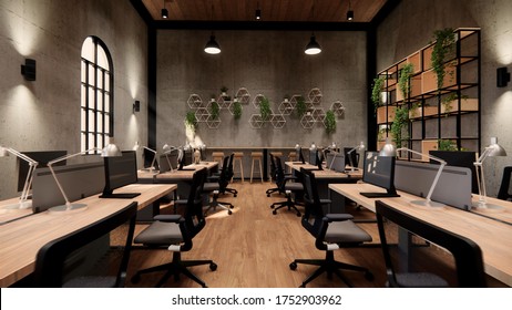 Interior Empty Modern Loft Office Open Space Modern Office Footage.Modern Open Concept Lobby And Reception Area Meeting Room Design. 3dRendering .