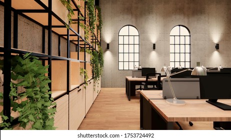 Interior Empty Modern Loft Office Open Space Modern Office Footage.Modern Open Concept Lobby And Reception Area Meeting Room Design. 3dRendering .