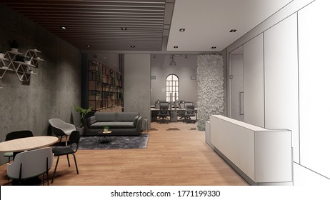 Interieur Empty Modern Loft Büro offen Raum Moderne Büroaufnahmen.Moderne offene Rezeption Lobby und Rezeption Tagungsraum Design.4k . 3D-Skizze für Rendering und Zeichnen.