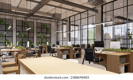 Interior Empty Modern Loft Office open space modern office footage.Modern open concept Lobby and reception area meeting room design.4k .Rendering 3d.