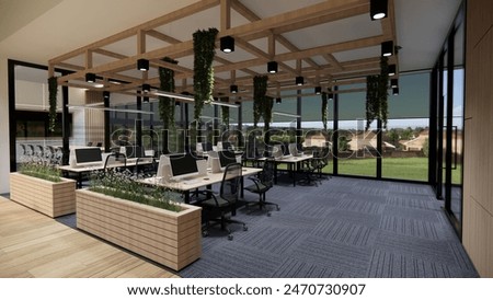 Interior Empty Modern Loft Office open space modern office footage.Modern open concept Lobby and reception area meeting room design. 3d Rendering .
