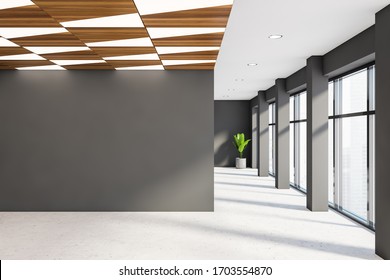 Interior Of Empty Office Hall Or Spacious Apartment With Grey Walls, Tiled Floor, Dark Wooden Geometric Ceiling Pattern And Mock Up Wall. Concept Of Advertising And Real Estate. 3d Rendering