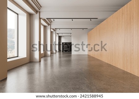 Interior of empty office hall with white and wooden walls, concrete floor and black bookcase in the background. 3d rendering