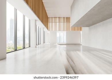 Interior of empty office lobby with white and wooden walls, concrete floor and big panoramic windows with cityscape. 3d rendering