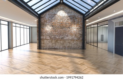 An Interior Of An Empty Office With Windows A Skylight And A Facebrick Feature Wall In The Daylight - 3D Render