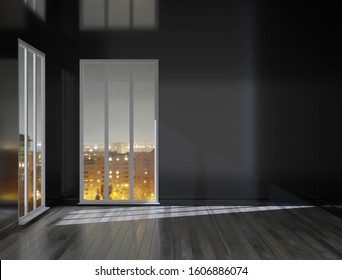 The interior of an empty room at night. Panoramic windows. Dark walls and wooden floor. 3D rendering. 3D illustration.